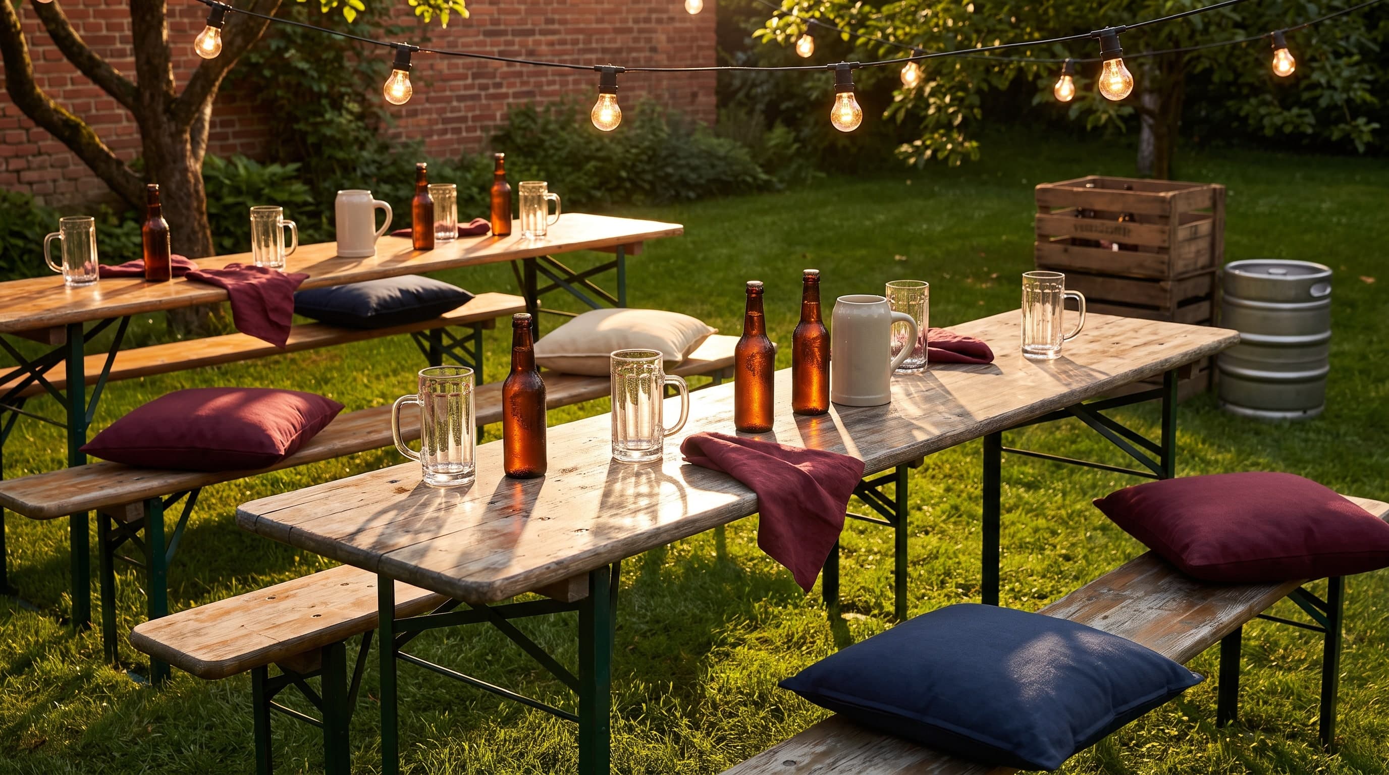 Bierzeltgarnituren mit Kissen, Gläsern und Flaschen im Garten unter einer Lichterkette in der Abendsonne
